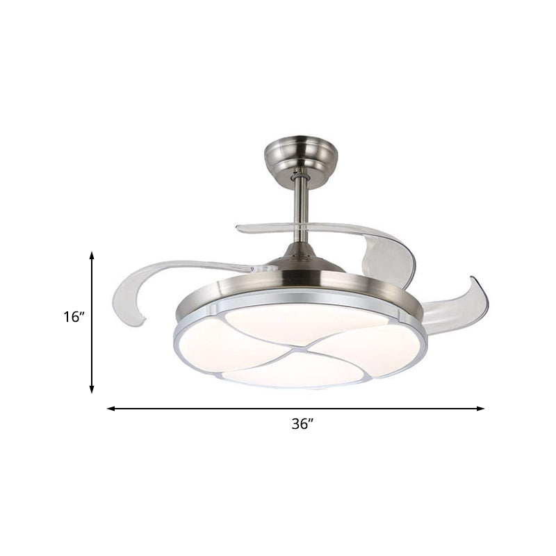 Clover Metal Semi Flush Mount Simplicity LED Living Room Ceiling Fan Lighting in Silver with 4 Clear Blades, 36