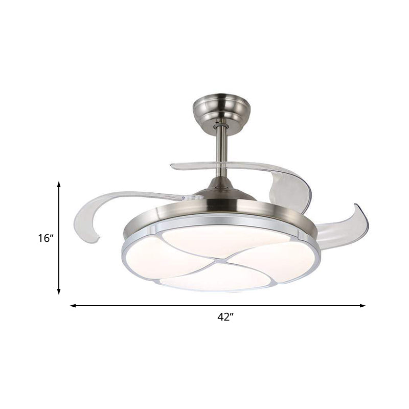 Clover Metal Semi Flush Mount Simplicity LED Living Room Ceiling Fan Lighting in Silver with 4 Clear Blades, 36