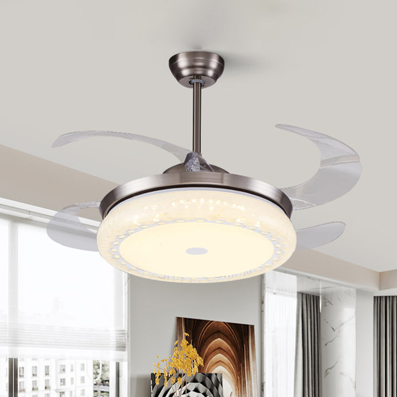 Silver LED Ceiling Fan Lamp Modernism Acrylic Circular Semi Flush Mount with 4 Clear Blades for Living Room, 36