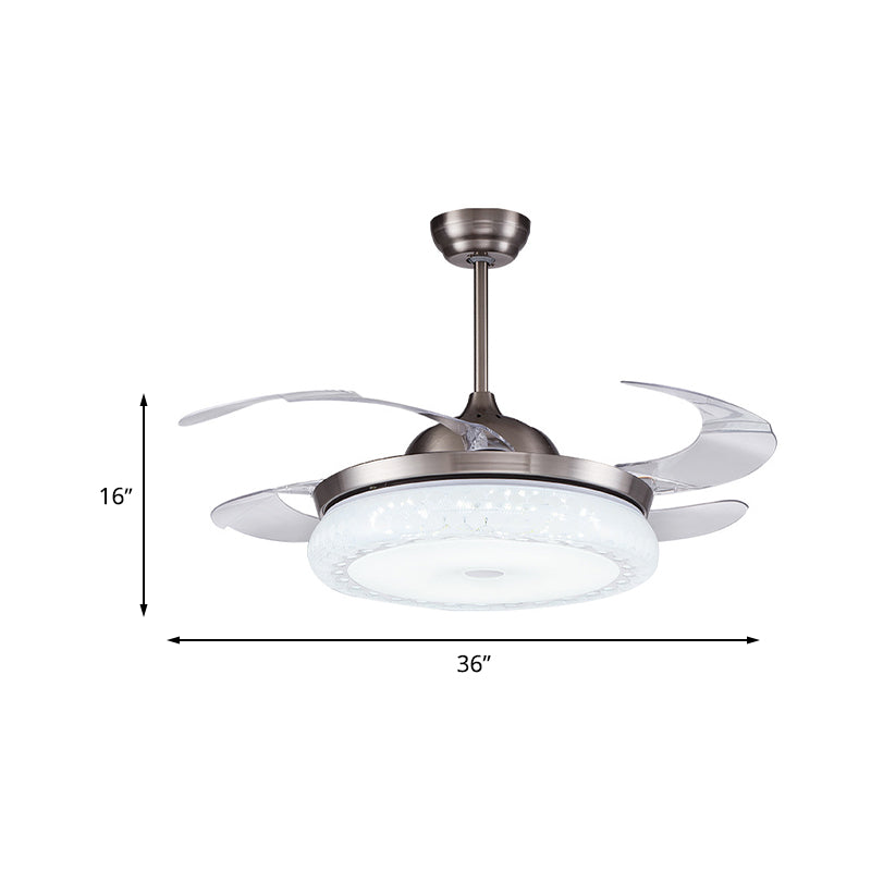 Silver LED Ceiling Fan Lamp Modernism Acrylic Circular Semi Flush Mount with 4 Clear Blades for Living Room, 36