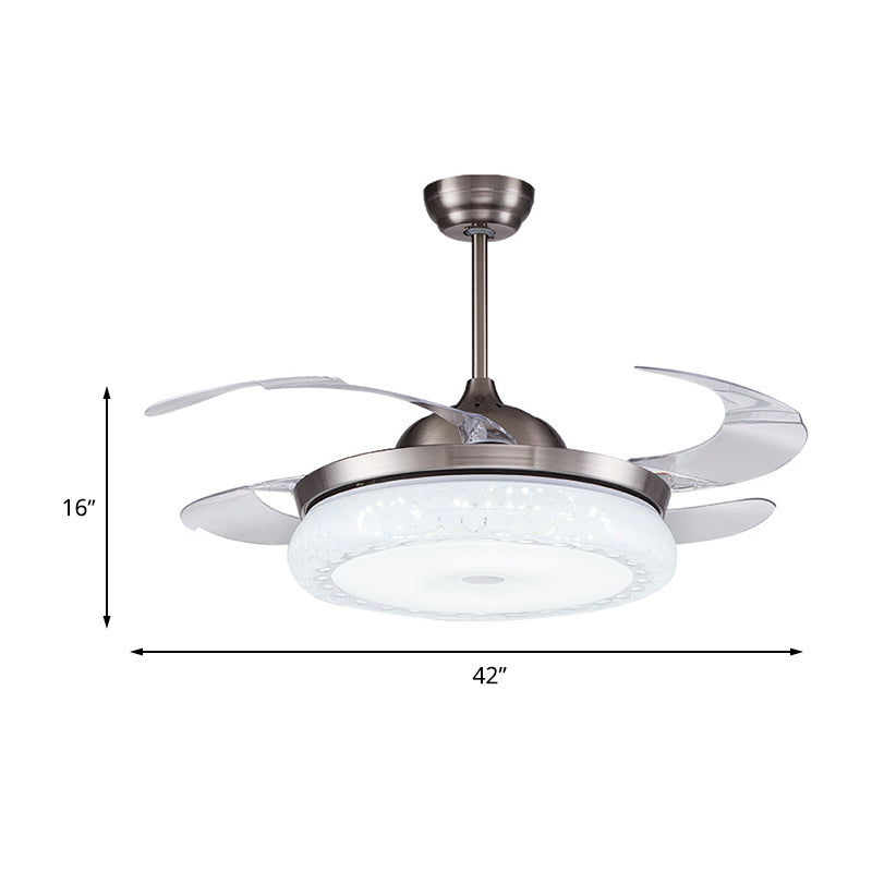 Silver LED Ceiling Fan Lamp Modernism Acrylic Circular Semi Flush Mount with 4 Clear Blades for Living Room, 36