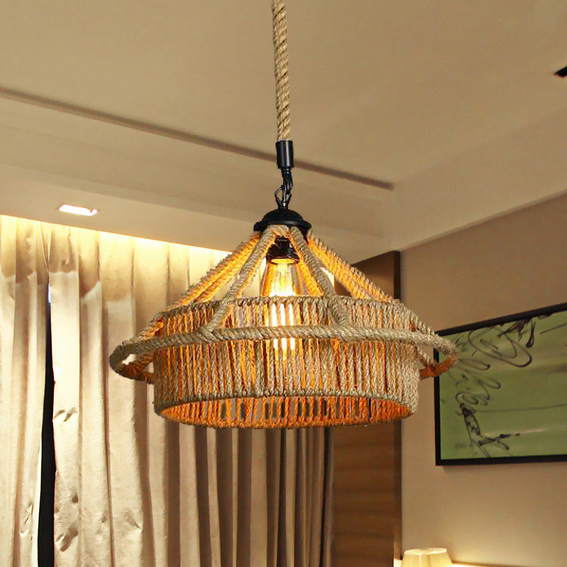 1 Bulb Rope Ceiling Pendant Light Vintage Beige Straw Hat Shape Coffee Shop Hanging Lamp Clearhalo 'Ceiling Lights' 'Industrial Pendants' 'Industrial' 'Middle Century Pendants' 'Pendant Lights' 'Pendants' 'Tiffany' Lighting' 466081