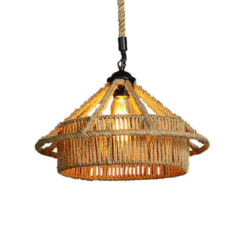 1 Bulb Rope Ceiling Pendant Light Vintage Beige Straw Hat Shape Coffee Shop Hanging Lamp Clearhalo 'Ceiling Lights' 'Industrial Pendants' 'Industrial' 'Middle Century Pendants' 'Pendant Lights' 'Pendants' 'Tiffany' Lighting' 466082