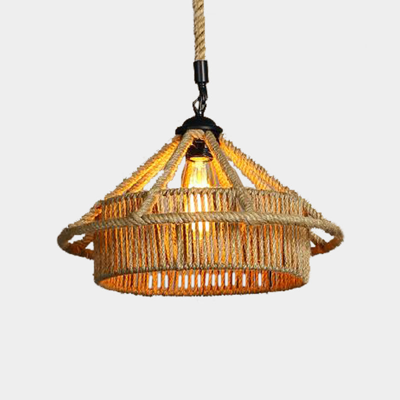 1 Bulb Rope Ceiling Pendant Light Vintage Beige Straw Hat Shape Coffee Shop Hanging Lamp Clearhalo 'Ceiling Lights' 'Industrial Pendants' 'Industrial' 'Middle Century Pendants' 'Pendant Lights' 'Pendants' 'Tiffany' Lighting' 466083