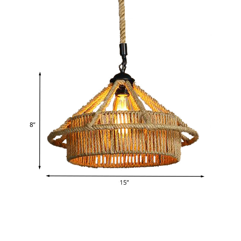 1 Bulb Rope Ceiling Pendant Light Vintage Beige Straw Hat Shape Coffee Shop Hanging Lamp Clearhalo 'Ceiling Lights' 'Industrial Pendants' 'Industrial' 'Middle Century Pendants' 'Pendant Lights' 'Pendants' 'Tiffany' Lighting' 466084