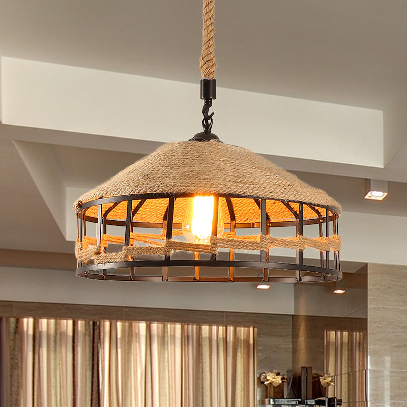 Mongolian Yurts Rope Pendant Vintage 1 Light Restaurant Ceiling Hang Fixture in Beige with Wire Cage, 12