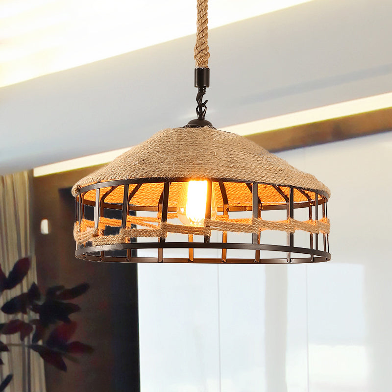 Mongolian Yurts Rope Pendant Vintage 1 Light Restaurant Ceiling Hang Fixture in Beige with Wire Cage, 12