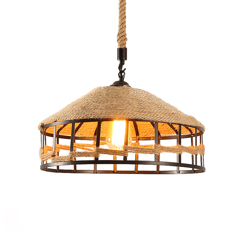 Mongolian Yurts Rope Pendant Vintage 1 Light Restaurant Ceiling Hang Fixture in Beige with Wire Cage, 12