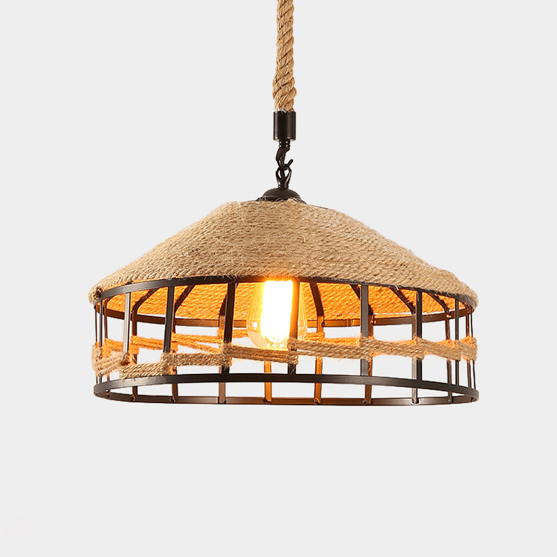 Mongolian Yurts Rope Pendant Vintage 1 Light Restaurant Ceiling Hang Fixture in Beige with Wire Cage, 12