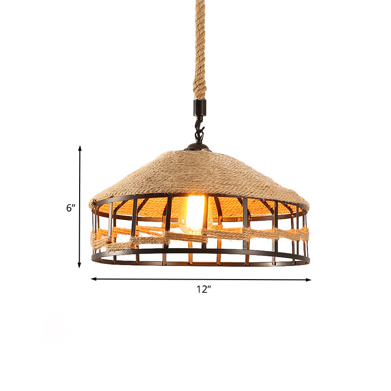 Mongolian Yurts Rope Pendant Vintage 1 Light Restaurant Ceiling Hang Fixture in Beige with Wire Cage, 12