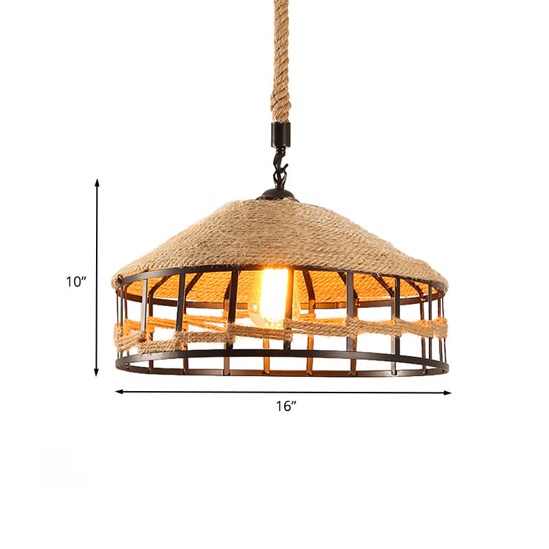 Mongolian Yurts Rope Pendant Vintage 1 Light Restaurant Ceiling Hang Fixture in Beige with Wire Cage, 12