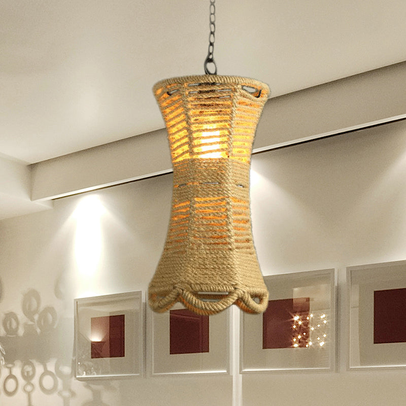 Beige Radian Pendant Lamp Vintage Rope 1 Head Restaurant Hand-Woven Hanging Light Fixture Beige Clearhalo 'Ceiling Lights' 'Industrial Pendants' 'Industrial' 'Middle Century Pendants' 'Pendant Lights' 'Pendants' 'Tiffany' Lighting' 466150