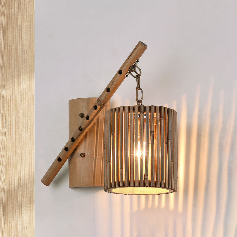 Bamboo Cylindrical Shade Wall Light Sconce Asian Style 1 Light Wood Wall Lamp with Flute Decoration, Left/Right Clearhalo 'Wall Lamps & Sconces' 'Wall Lights' Lighting' 466543