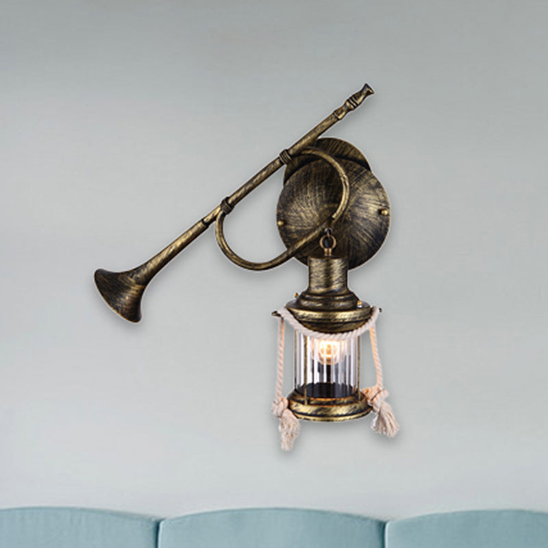 One Bulb Wall Light with Lantern Shade Clear Ribbed Glass Coastal Bedroom Sconce Lighting Fixture with Trumpet Clearhalo 'Art deco wall lights' 'Cast Iron' 'Glass' 'Industrial wall lights' 'Industrial' 'Middle century wall lights' 'Modern' 'Rustic wall lights' 'Tiffany' 'Traditional wall lights' 'Wall Lamps & Sconces' 'Wall Lights' Lighting' 467273