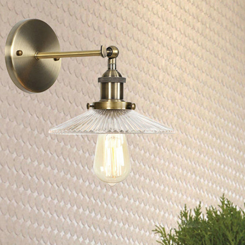 One Bulb Wall Light with Conical Shade Clear Prismatic Glass Industrial Dining Room Sconce Lighting Fixture Clearhalo 'Art deco wall lights' 'Cast Iron' 'Glass' 'Industrial wall lights' 'Industrial' 'Middle century wall lights' 'Modern' 'Rustic wall lights' 'Tiffany' 'Traditional wall lights' 'Wall Lamps & Sconces' 'Wall Lights' Lighting' 467418