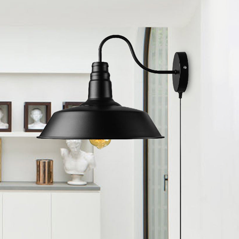 1 Head Barn Sconce Light Retro Style Black Finish Metal Wall Lamp with Plug-In Cord for Dining Room Clearhalo 'Art deco wall lights' 'Cast Iron' 'Glass' 'Industrial wall lights' 'Industrial' 'Middle century wall lights' 'Modern' 'Rustic wall lights' 'Tiffany' 'Traditional wall lights' 'Wall Lamps & Sconces' 'Wall Lights' Lighting' 467758