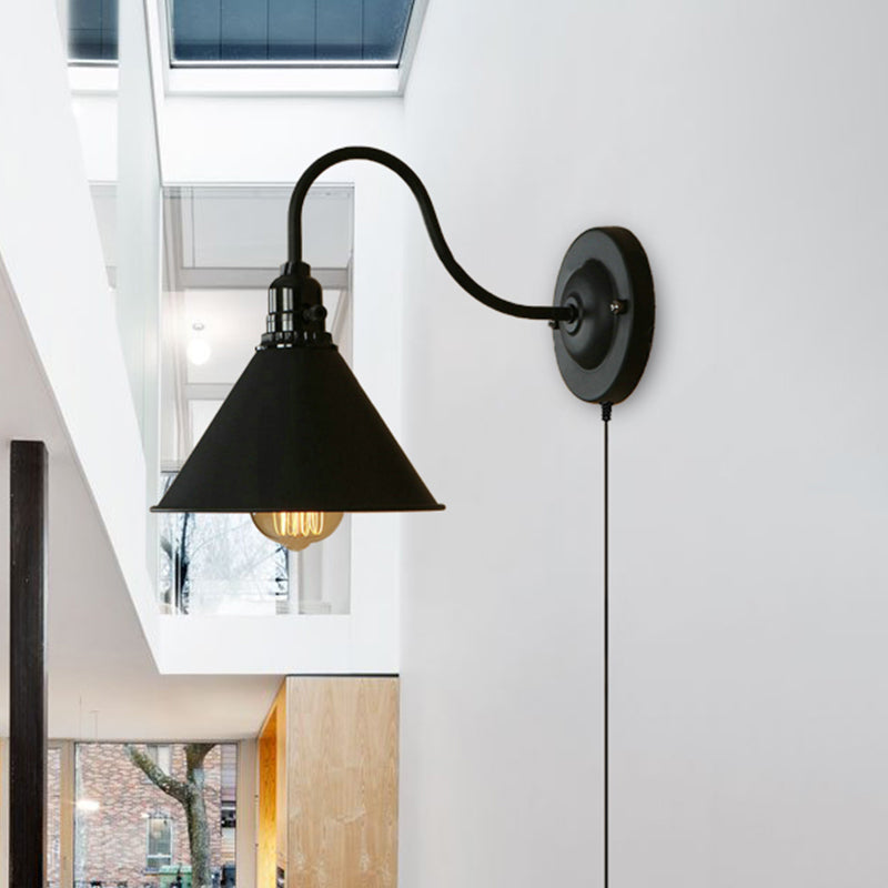 Retro Stylish Conical Wall Lighting 1 Bulb Metal Plug-In Sconce Lamp with Gooseneck Arm in Matte Black for Porch Clearhalo 'Art deco wall lights' 'Cast Iron' 'Glass' 'Industrial wall lights' 'Industrial' 'Middle century wall lights' 'Modern' 'Rustic wall lights' 'Tiffany' 'Traditional wall lights' 'Wall Lamps & Sconces' 'Wall Lights' Lighting' 467800