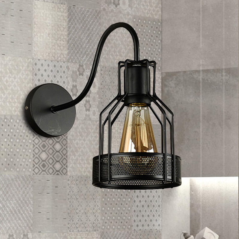 Bottle Cage Metal Wall Mount Light with Gooseneck Arm Industrial 1 Head Bar Wall Sconce Lighting in Black Clearhalo 'Art deco wall lights' 'Cast Iron' 'Glass' 'Industrial wall lights' 'Industrial' 'Middle century wall lights' 'Modern' 'Rustic wall lights' 'Tiffany' 'Traditional wall lights' 'Wall Lamps & Sconces' 'Wall Lights' Lighting' 467806