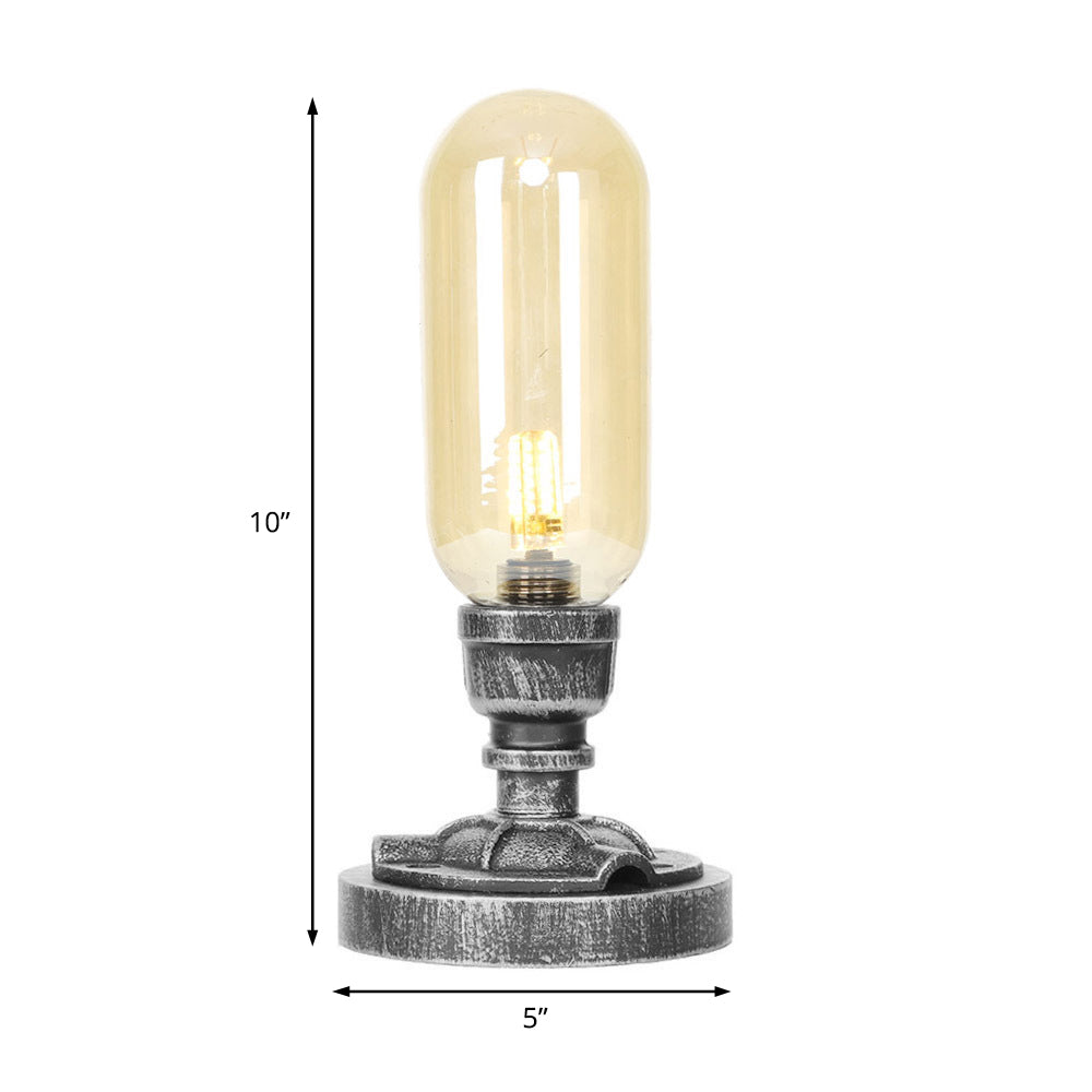 Antique Silver One Light Desk Light Industrial Clear/Amber Glass Capsule Shade Task Lighting with Curved Arm Clearhalo 'Lamps' 'Table Lamps' Lighting' 467900