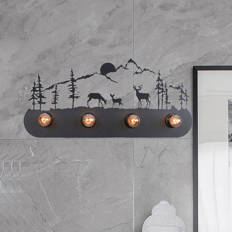 Lodge Open Bulb Wall Light with Elk/Horse/Sheep/Mountain/Windmill/Tree Design 4 Bulbs Metallic Wall Sconce in Black for Indoor Clearhalo 'Wall Lamps & Sconces' 'Wall Lights' Lighting' 467985