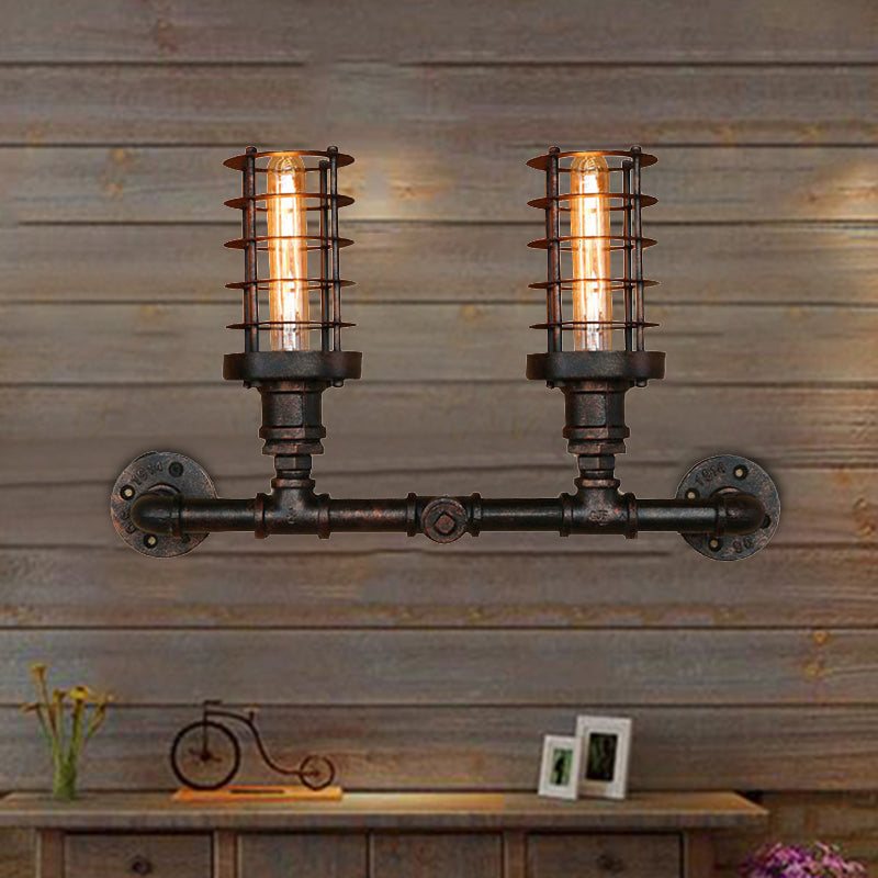 Steampunk Style Cylinder Wall Lamp with Wire Frame 2 Heads Iron Sconce Lighting in Aged Bronze for Living Room Clearhalo 'Art deco wall lights' 'Cast Iron' 'Glass' 'Industrial wall lights' 'Industrial' 'Middle century wall lights' 'Modern' 'Rustic wall lights' 'Tiffany' 'Traditional wall lights' 'Wall Lamps & Sconces' 'Wall Lights' Lighting' 468283