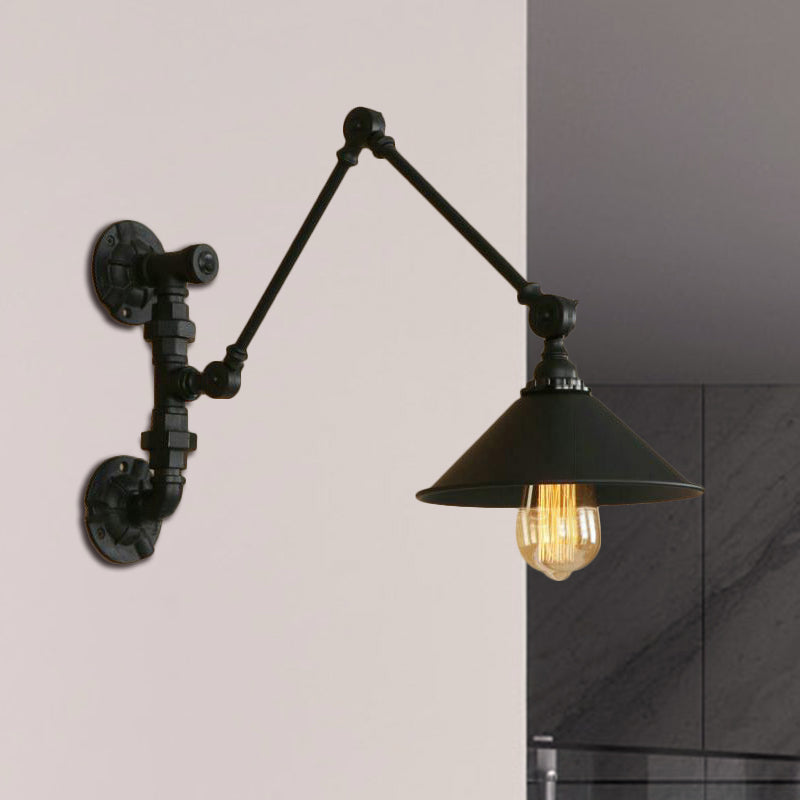 Swing Arm Bedroom Wall Sconce Industrial Metal 1 Light Black Wall Mount Light with Cone Shade, 7