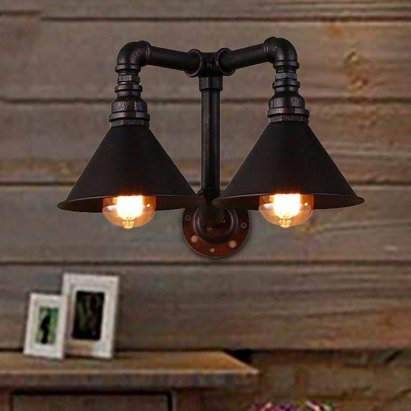 Vintage Style Cone Wall Lamp with Water Pipe 2 Lights Metallic Wall Sconce Light in Black, 14.5/18.5