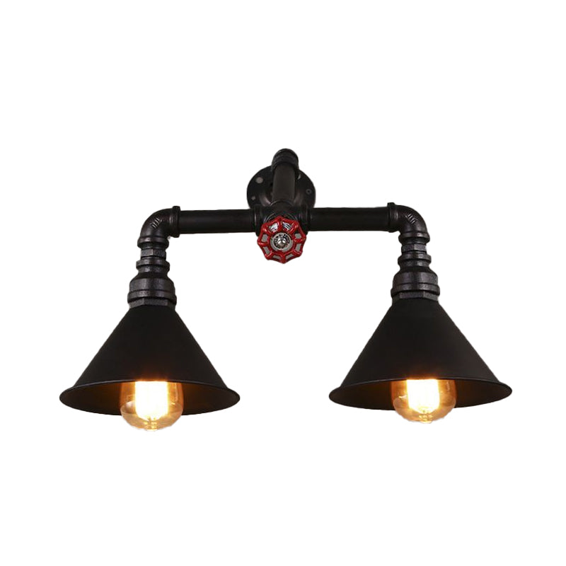 Vintage Style Cone Wall Lamp with Water Pipe 2 Lights Metallic Wall Sconce Light in Black, 14.5/18.5