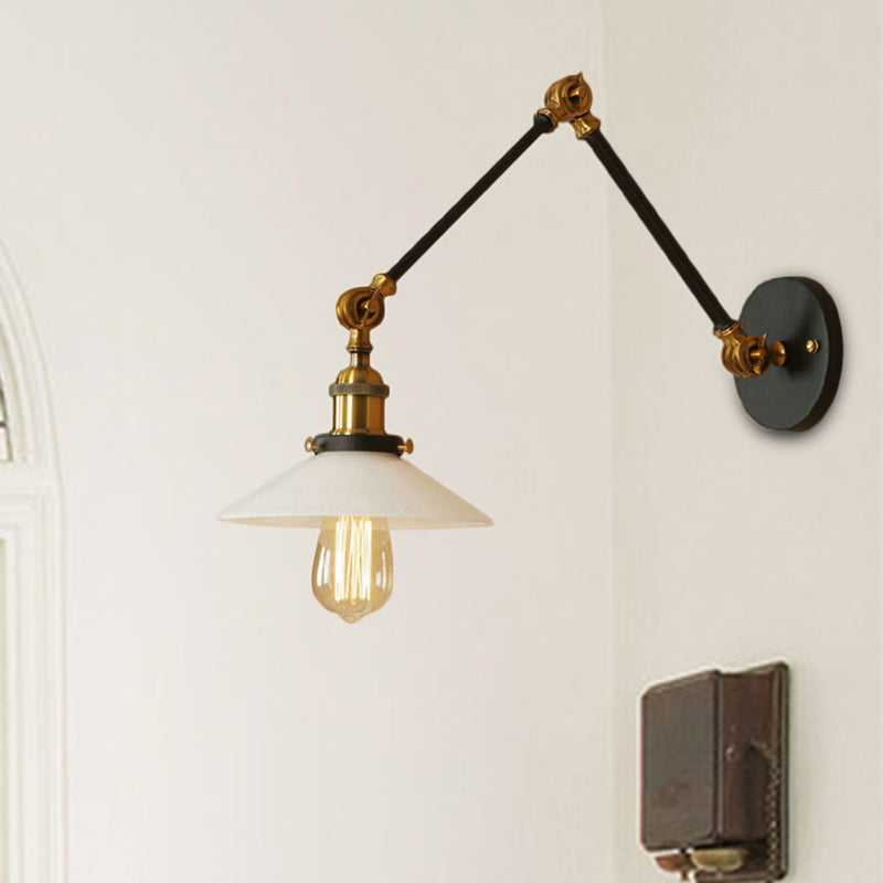 1 Light Saucer Shade Sconce Light Fixture Industrial Brass/Bronze Frosted Glass Wall Lamp with Swing Arm Clearhalo 'Art deco wall lights' 'Cast Iron' 'Glass' 'Industrial wall lights' 'Industrial' 'Middle century wall lights' 'Modern' 'Rustic wall lights' 'Tiffany' 'Traditional wall lights' 'Wall Lamps & Sconces' 'Wall Lights' Lighting' 468395