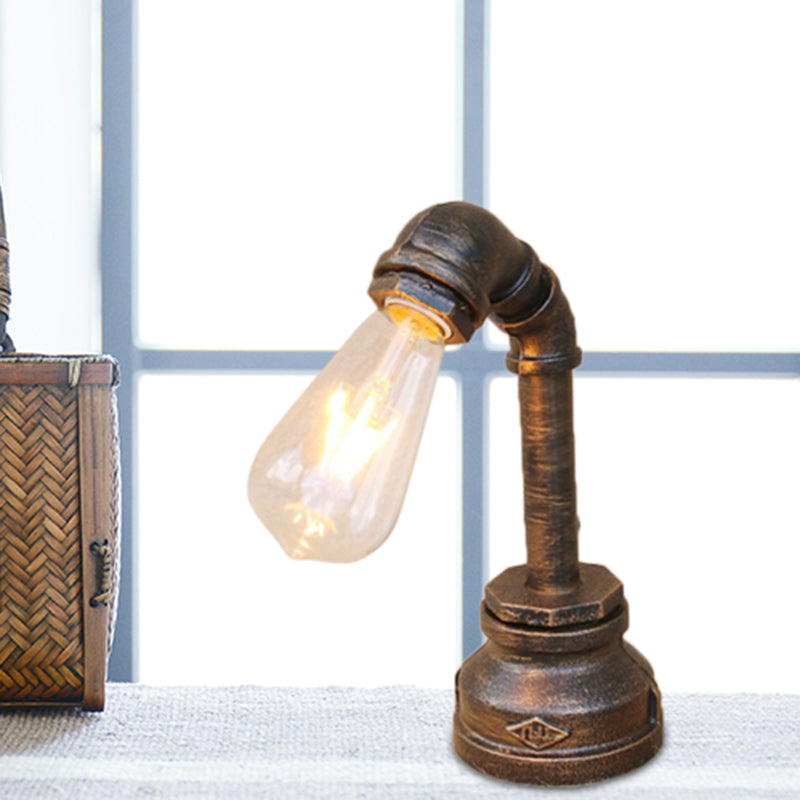 1 Light Iron Table Lamp Rustic Style Antique Bronze Exposed Bulb Bedroom Table Lighting with Pipe Design Clearhalo 'Lamps' 'Table Lamps' Lighting' 468563