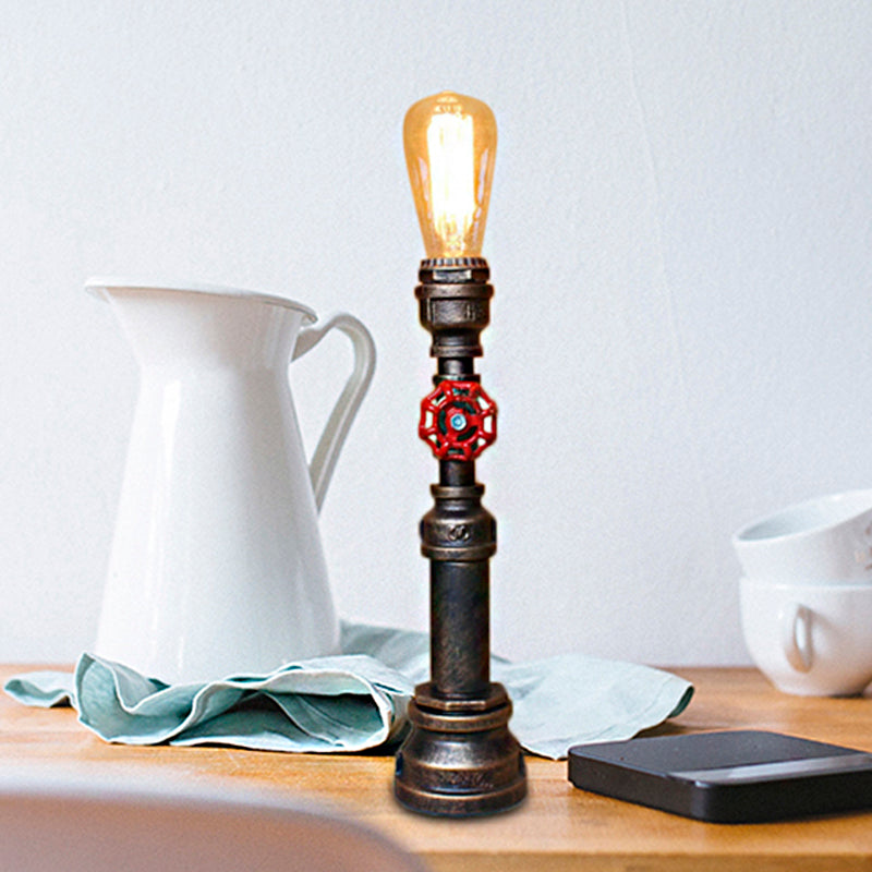 1 Bulb Plumbing Pipe Table Light with Open Bulb and Valve Industrial Bronze Metallic Standing Light Clearhalo 'Lamps' 'Table Lamps' Lighting' 468567