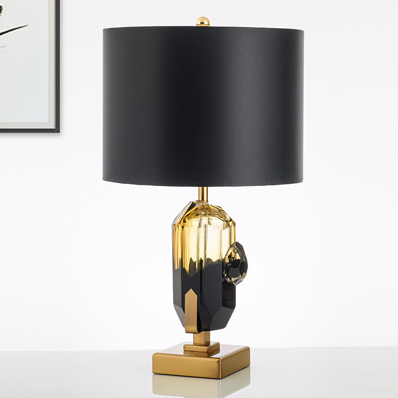 Straight Sided Shade Desk Light Modern Fabric 1 Bulb Night Table Lamp in Black with Oblong Amber Glazed Crystal Base Black Clearhalo 'Lamps' 'Table Lamps' Lighting' 493245