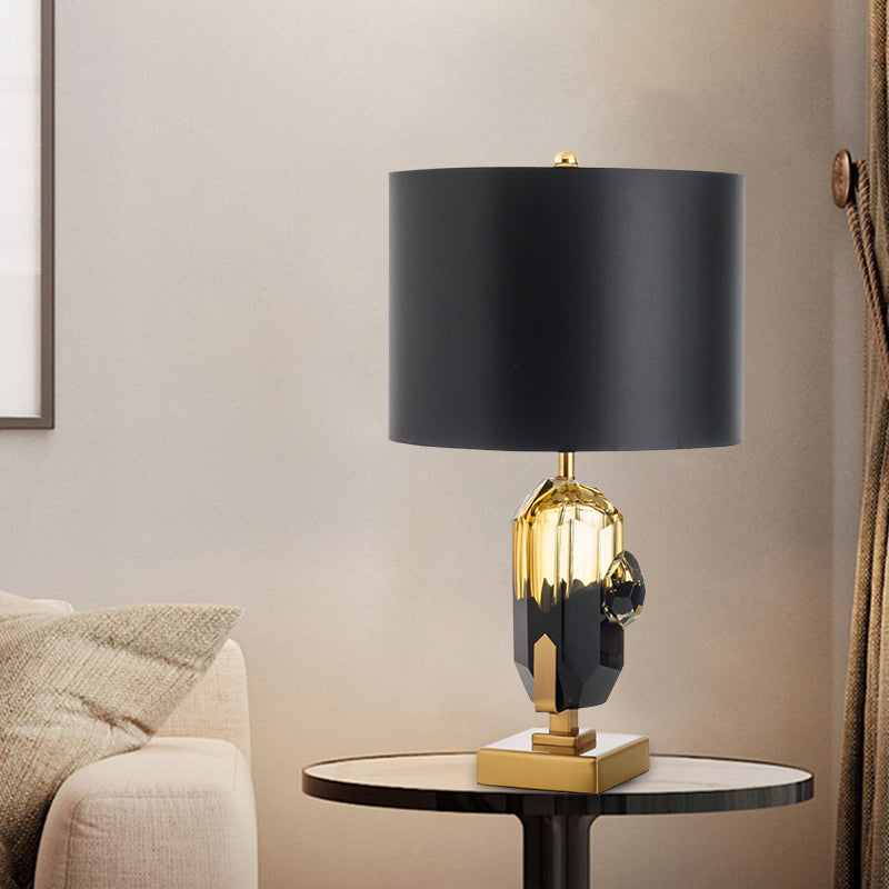 Straight Sided Shade Desk Light Modern Fabric 1 Bulb Night Table Lamp in Black with Oblong Amber Glazed Crystal Base Clearhalo 'Lamps' 'Table Lamps' Lighting' 493246