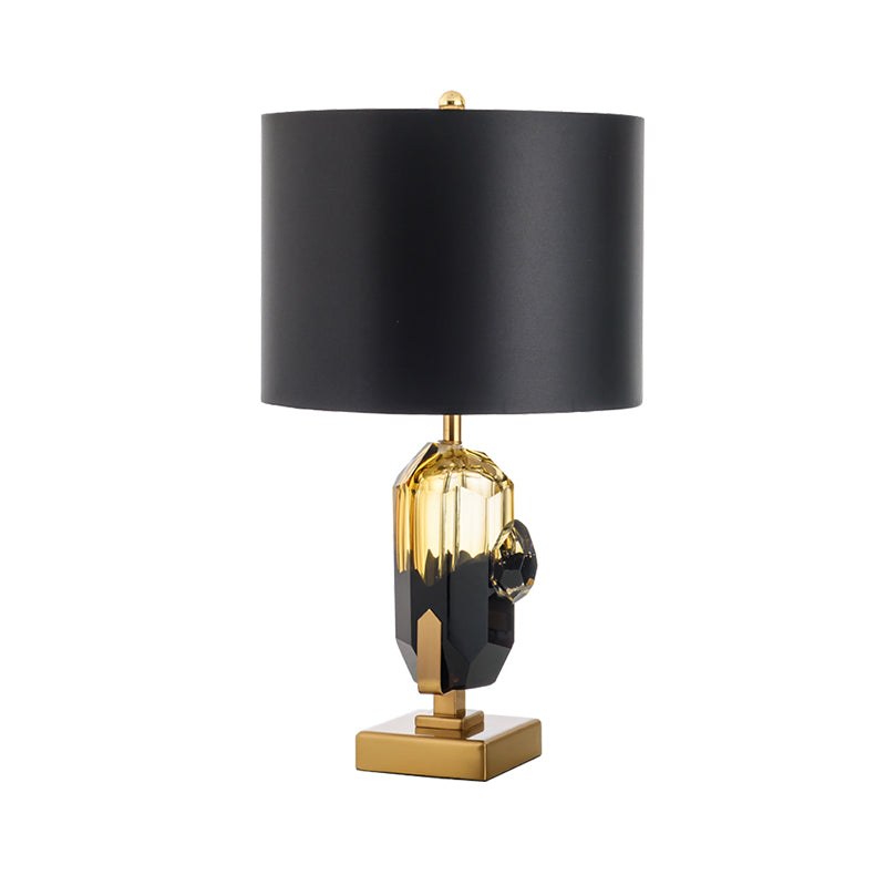 Straight Sided Shade Desk Light Modern Fabric 1 Bulb Night Table Lamp in Black with Oblong Amber Glazed Crystal Base Clearhalo 'Lamps' 'Table Lamps' Lighting' 493247