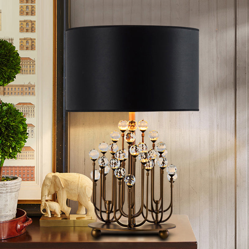 Drum Shape Fabric Task Light Modernism 1 Bulb Black Nightstand Lamp with Crystal Ball Clearhalo 'Lamps' 'Table Lamps' Lighting' 493251