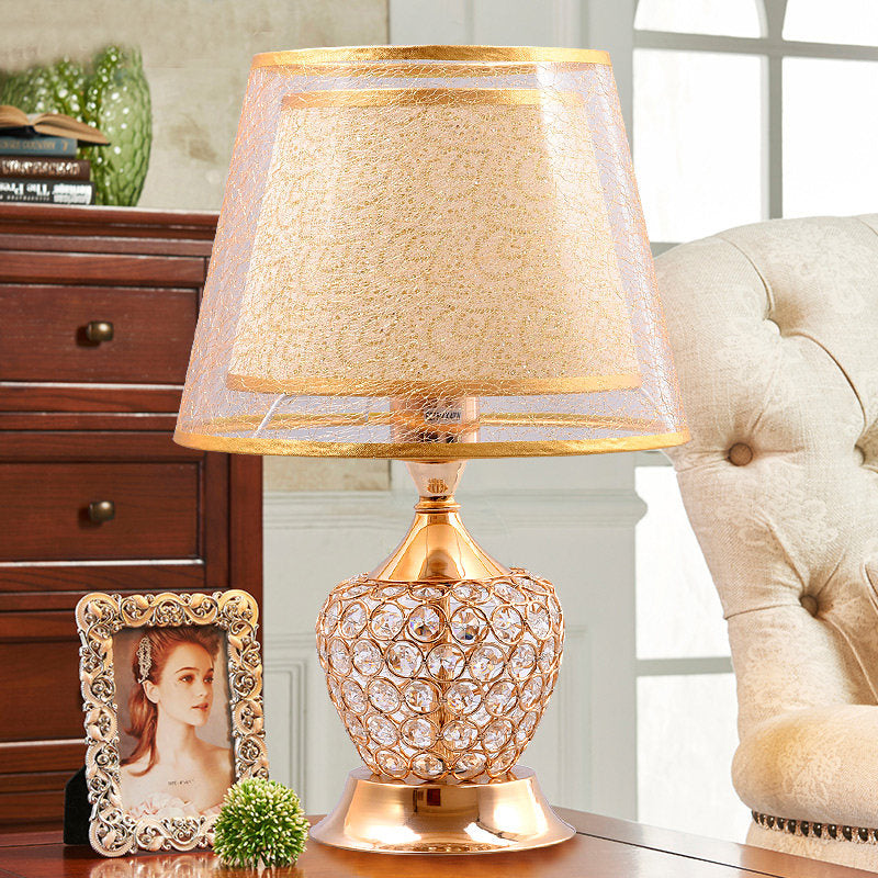 Fabric Flared Shade Table Light Modern 1 Head Gold Small Desk Lamp with Crystal Bead Clearhalo 'Lamps' 'Table Lamps' Lighting' 493297