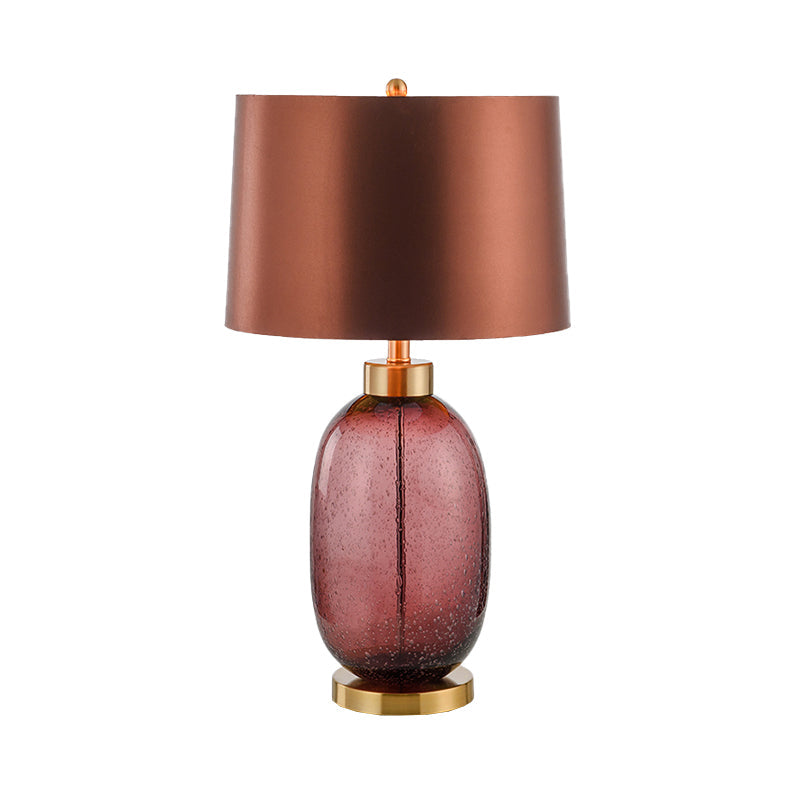 Barrel Shape Desk Light Contemporary Fabric 1 Bulb Night Table Lamp in Brown with Oblong Glazed Crystal Base Clearhalo 'Lamps' 'Table Lamps' Lighting' 493512