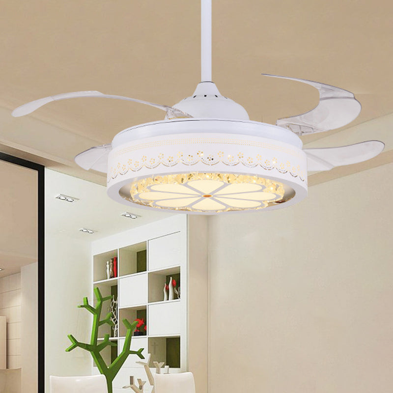 Flower Crystal Ceiling Fan Lighting Modern LED Living Room Semi Flush Light in White with 4 Clear Blades, 42