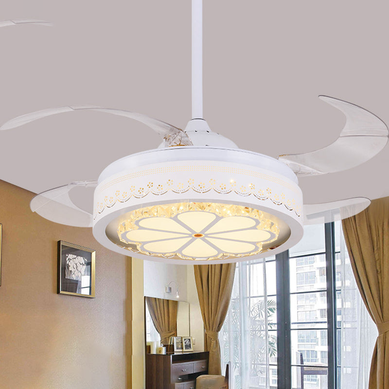 Flower Crystal Ceiling Fan Lighting Modern LED Living Room Semi Flush Light in White with 4 Clear Blades, 42