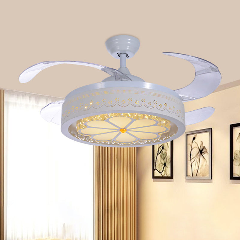 Flower Crystal Ceiling Fan Lighting Modern LED Living Room Semi Flush Light in White with 4 Clear Blades, 42