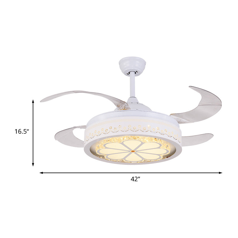 Flower Crystal Ceiling Fan Lighting Modern LED Living Room Semi Flush Light in White with 4 Clear Blades, 42