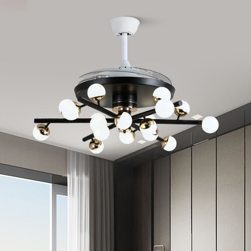 Metal Black/White Fan Lamp Sputnik 18 Heads Modern LED Semi Flush Mount Light Fixture with 4 Clear Blades, 42