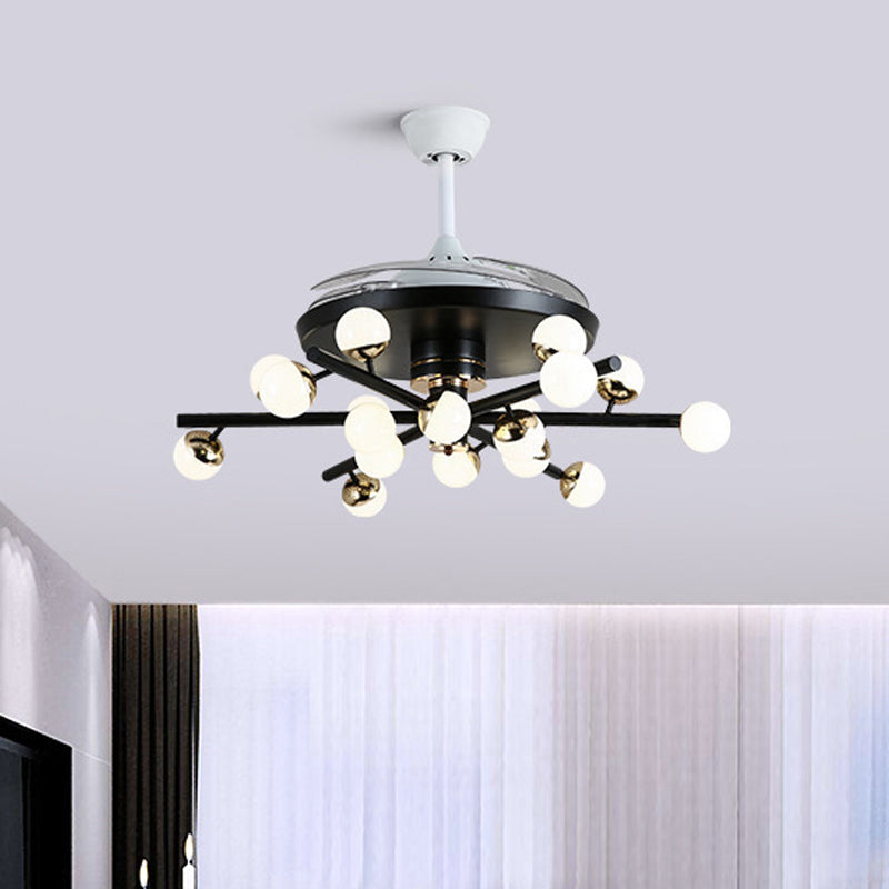 Metal Black/White Fan Lamp Sputnik 18 Heads Modern LED Semi Flush Mount Light Fixture with 4 Clear Blades, 42