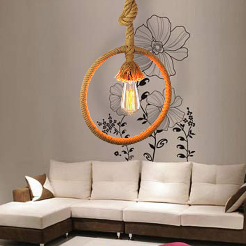 Ring Restaurant Hanging Light Kit Industrial Rope 1-Light Beige Suspended Pendant Lamp with Knots Cord Beige Clearhalo 'Ceiling Lights' 'Industrial Pendants' 'Industrial' 'Middle Century Pendants' 'Pendant Lights' 'Pendants' 'Tiffany' Lighting' 493674