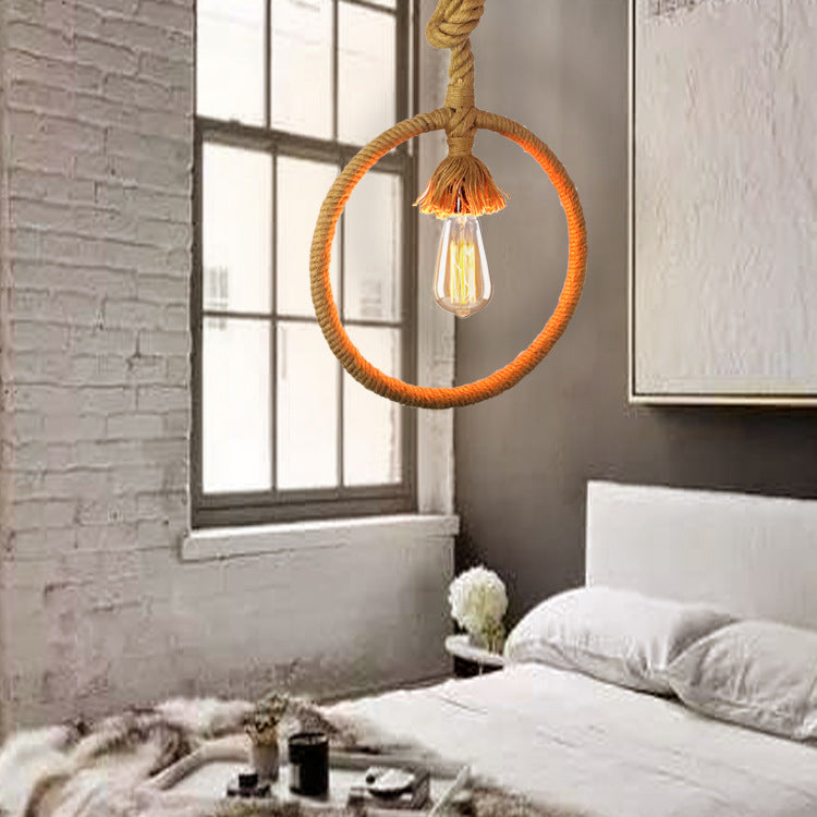 Ring Restaurant Hanging Light Kit Industrial Rope 1-Light Beige Suspended Pendant Lamp with Knots Cord Clearhalo 'Ceiling Lights' 'Industrial Pendants' 'Industrial' 'Middle Century Pendants' 'Pendant Lights' 'Pendants' 'Tiffany' Lighting' 493675