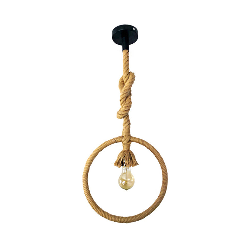 Ring Restaurant Hanging Light Kit Industrial Rope 1-Light Beige Suspended Pendant Lamp with Knots Cord Clearhalo 'Ceiling Lights' 'Industrial Pendants' 'Industrial' 'Middle Century Pendants' 'Pendant Lights' 'Pendants' 'Tiffany' Lighting' 493677