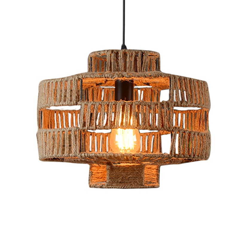 1 Light Drum Frame Ceiling Light Fixture Vintage Beige Rope Pendant Lamp for Restaurant Clearhalo 'Ceiling Lights' 'Industrial Pendants' 'Industrial' 'Middle Century Pendants' 'Pendant Lights' 'Pendants' 'Tiffany' Lighting' 493712