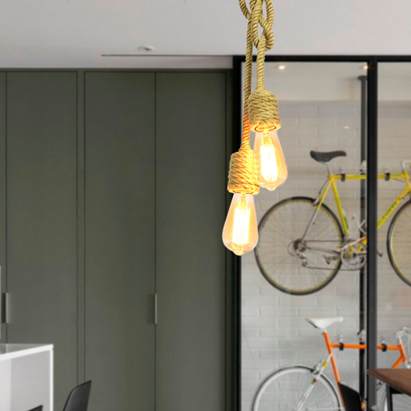 2 Lights Knots Rope Hanging Lighting Vintage Beige Exposed Bulb Living Room Cluster Pendant Lamp Beige Clearhalo 'Ceiling Lights' 'Industrial Pendants' 'Industrial' 'Middle Century Pendants' 'Pendant Lights' 'Pendants' 'Tiffany' Lighting' 493714