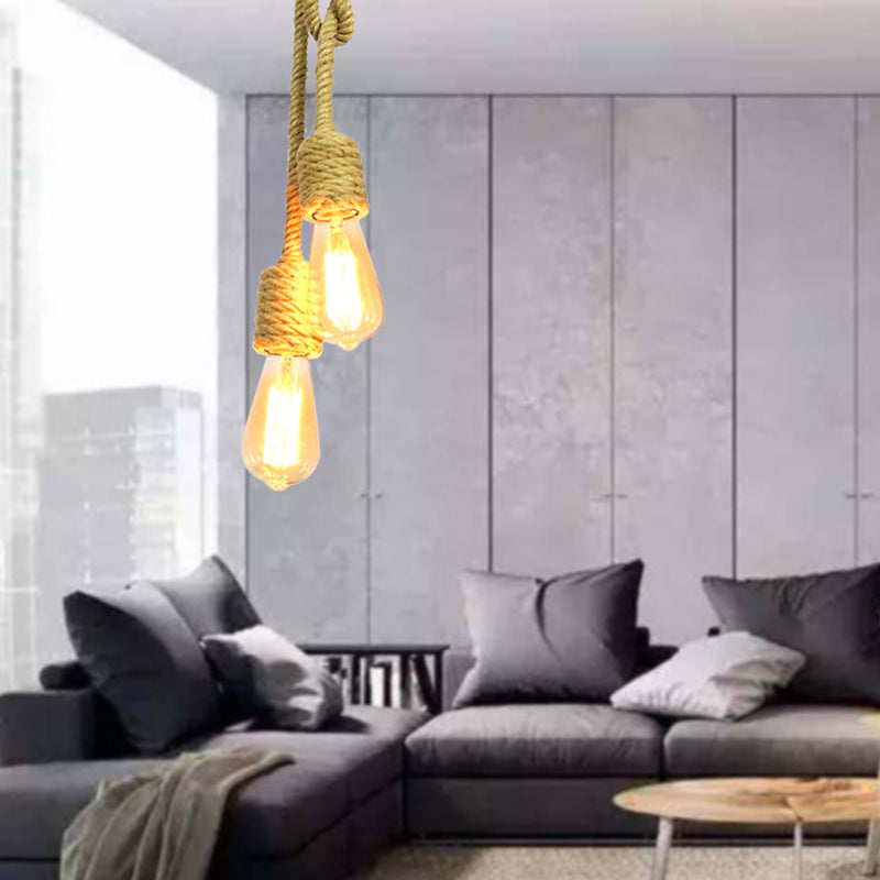 2 Lights Knots Rope Hanging Lighting Vintage Beige Exposed Bulb Living Room Cluster Pendant Lamp Clearhalo 'Ceiling Lights' 'Industrial Pendants' 'Industrial' 'Middle Century Pendants' 'Pendant Lights' 'Pendants' 'Tiffany' Lighting' 493715