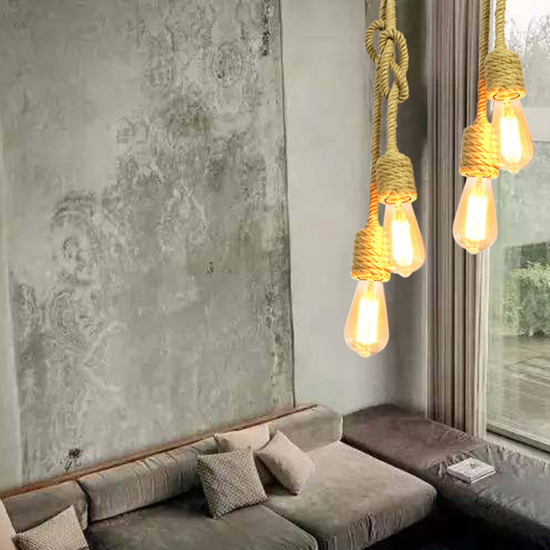 2 Lights Knots Rope Hanging Lighting Vintage Beige Exposed Bulb Living Room Cluster Pendant Lamp Clearhalo 'Ceiling Lights' 'Industrial Pendants' 'Industrial' 'Middle Century Pendants' 'Pendant Lights' 'Pendants' 'Tiffany' Lighting' 493716